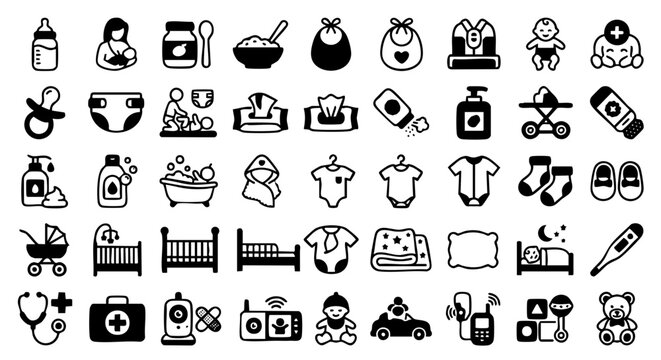 Baby Care Icon Collection, Black Monochrome Vector Symbols Set
