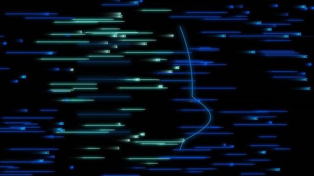 Abstract Digital Particles Flowing Through Blue Neon Lines on Black Background