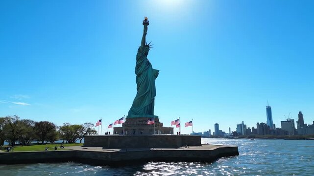 A wide view of the Statue of Liberty standing proudly on Liberty Island against a vibrant, sunny blue sky with American flags flying.