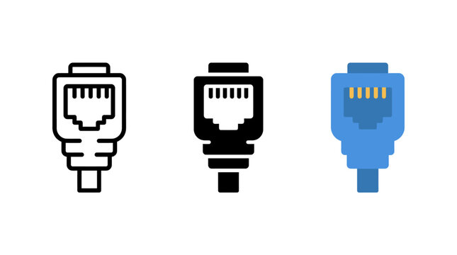 Rj45 network cable plug icon set in outline solid and color