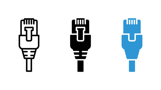 Ethernet cable plug icon set in black and blue colors