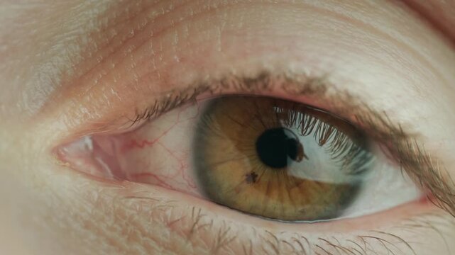 Extreme macro of human brown eye with visible pupil and iris details in slow motion.
