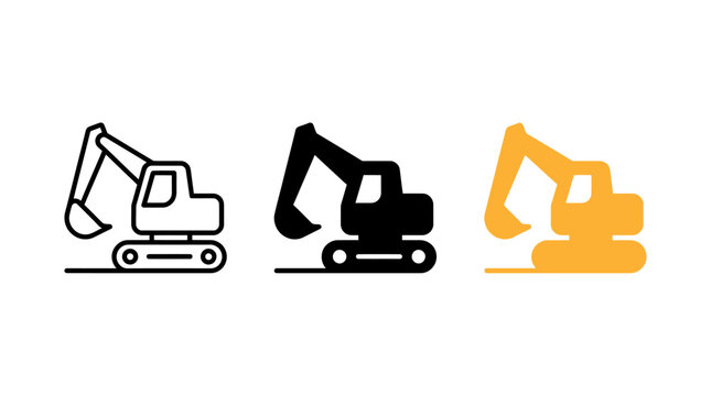 Excavator digging construction machinery icon in three variations
