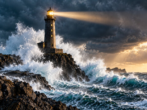 Lighthouse standing firm against enormous storm waves, symbolizing courage, guidance, stability and hope during difficult times, with atmospheric copy space.