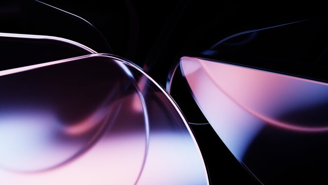 Closeup glass reflections with sweeping rigid curves on dark background.
