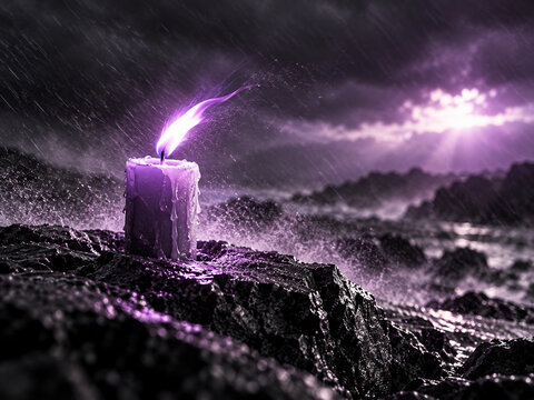 Single burning candle remaining lit in darkness and harsh weather, symbolizing courage, hope, inner strength and perseverance, with surrounding copy space.
