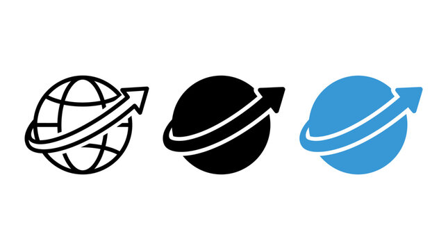 Set of three icons featuring a globe with an orbiting arrow