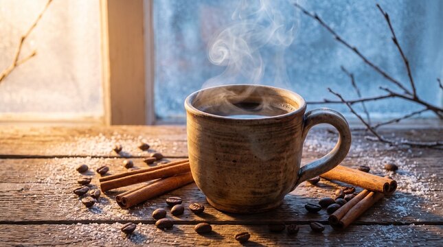Warm Spiced Coffee with Cinnamon and Roasted Beans by Snowy Window