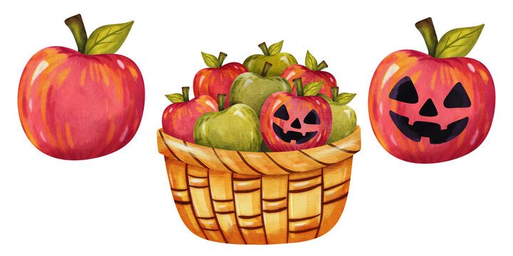 Watercolor Halloween harvest set with apple basket and jack o lantern pumpkins isolated on white background