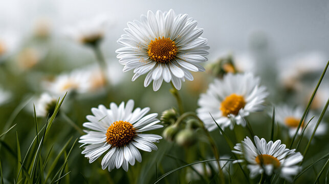 White daisies blooming in a green grassy meadow during spring with daisy flowers