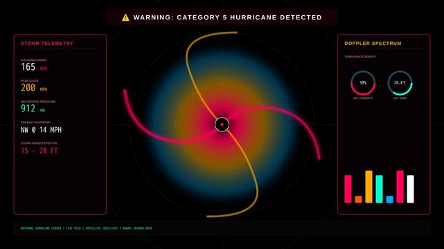Category 5 Hurricane Storm Telemetry Digital Radar Interface Display for Weather Data Monitoring