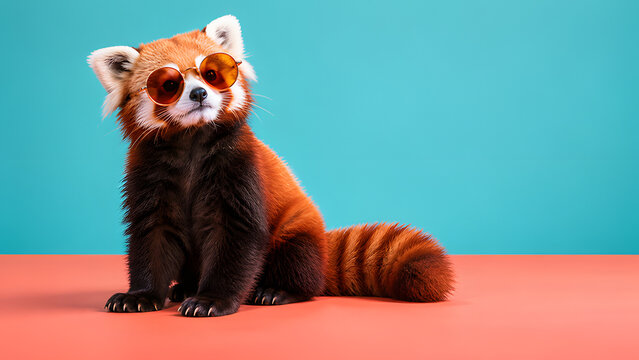 Red panda wearing round sunglasses sitting against a turquoise and coral studio background