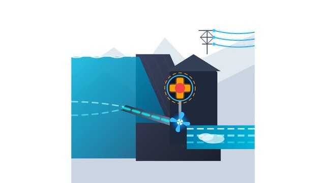 Flat Vector Animation of Hydroelectric Power Plant Generating Clean Electricity from Water Flow