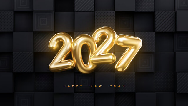 Happy New 2027 Year. Holiday vector illustration of golden metallic numbers 2027 on geometric black background. Realistic 3d sign. Festive poster or banner design