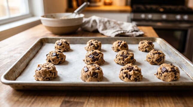Chocolate Chip Cookie Dough Ball Raw Baking Sheet Close-up