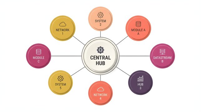Central Hub Radial Business Infographic with Connected Circular Elements and Six Categories