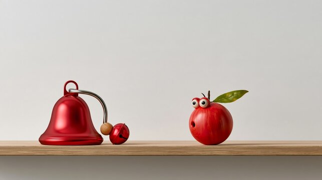 Funny Christmas photo: a Christmas bell ringing itself on a shelf and looking startled by the noise, bright white background.