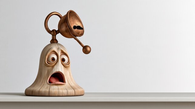 Funny Christmas photo: a Christmas bell ringing itself on a shelf and looking startled by the noise, bright white background.