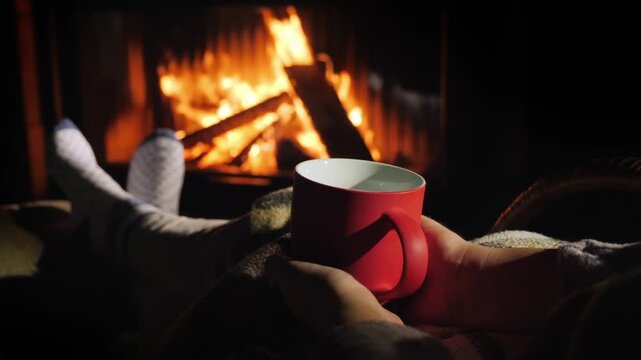 Woman relaxing by fireplace with warm drink at night cozy atmosphere winter evening by fire home comfort.