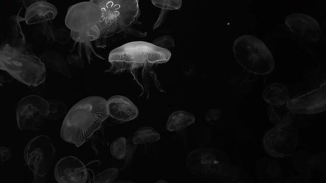 Graceful jellyfish moving through the water with translucent bodies and trailing tentacles.