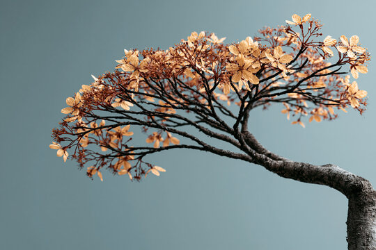 Flowering tree branch with delicate light orange flowers against a solid background