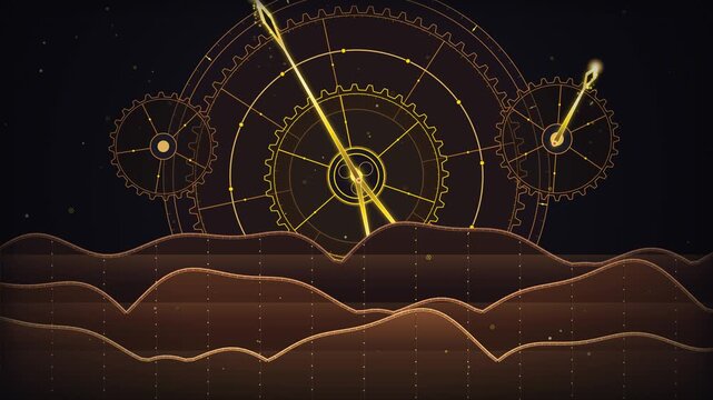 Abstract Golden Mechanical Clockwork with Rotating Gears and Glowing Particles on Dark Background, Symbolizing Cosmic Observation, Time Measurement, and Astronomical Navigation Systems