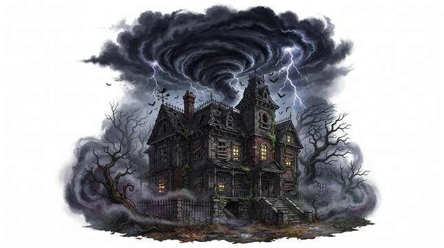 Creepy gothic mansion during a violent thunderstorm with lightning and dark clouds haunted house stormy sky old building lightning strike dark scenery gothic architecture storm clouds desolate