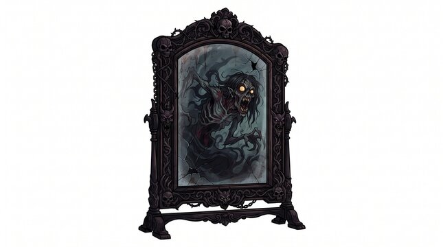 Ornate antique mirror with a terrifying ghostly entity trapped inside the glass evil spirit gothic decor dark art ornate frame reflection paranormal supernatural darkness halloween nightmare