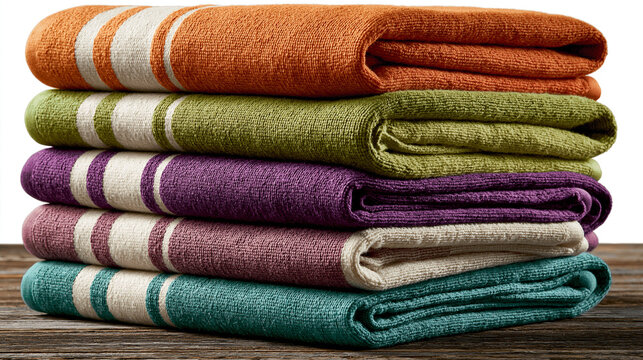 Stack of folded earth-toned patterned towels on a dark wooden table with towel set