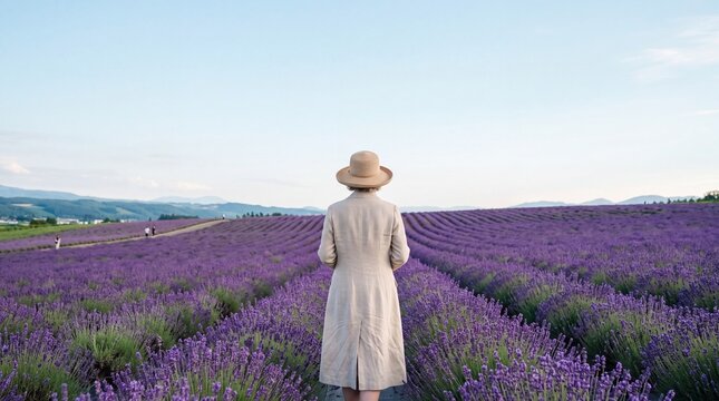 Woman in Straw Hat Standing in Lavender Field