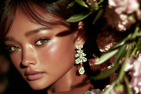 Young woman wearing decorative drop earrings near pink flowers with female portrait