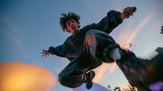 Energetic Young Man Jumping in Mid-Air at Sunset