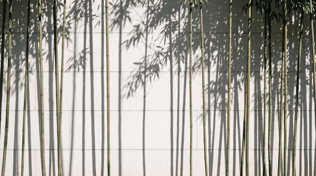 Bamboo Stems Casting Shadows on Minimal White Wall