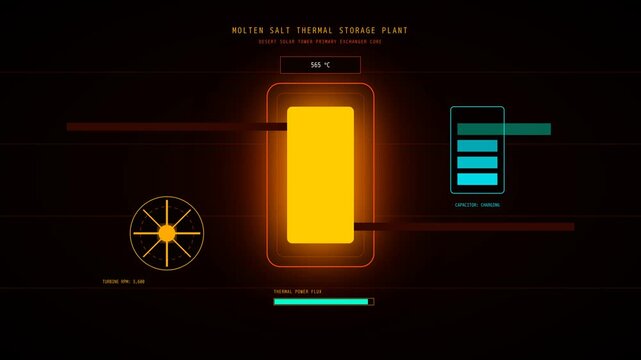 Molten Salt Thermal Storage Plant Digital Interface Visualization Featuring Solar Energy Data Flow