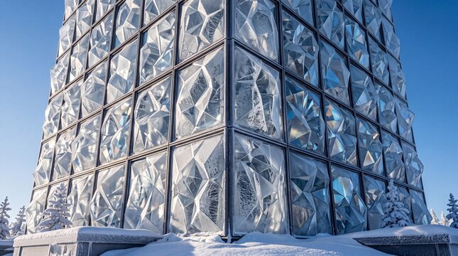 Modern Faceted Glass Building in Snowy Winter Landscape