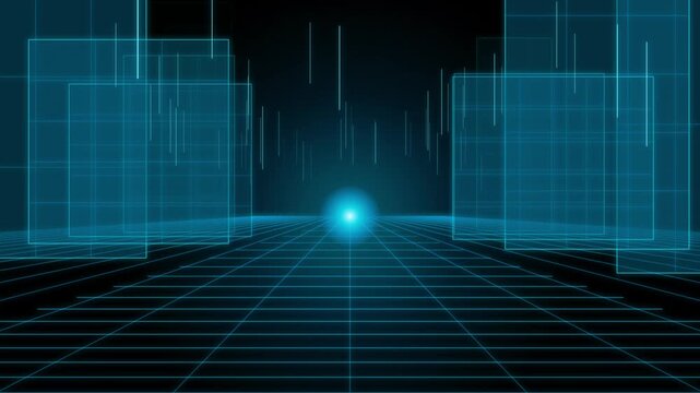 Futuristic Digital Cityscape with Neon Grid and Glowing Orbs during a Slow Forward Camera Push