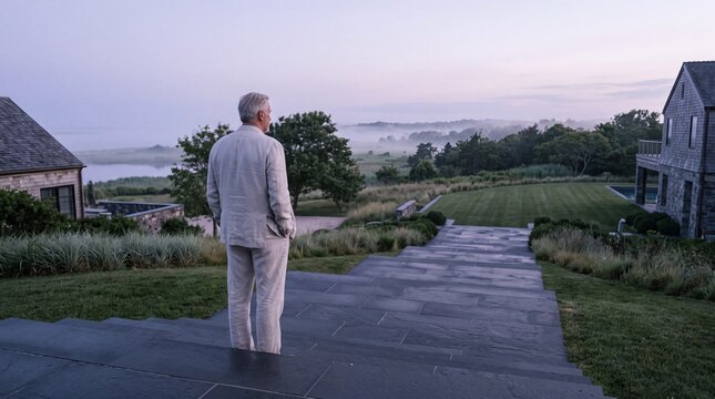 Senior Man Looking Over Luxury Estate at Dawn