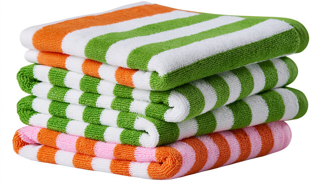 Stack of bright green and orange striped bath towels with folded towels