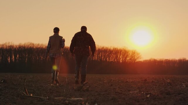 Rear view of farmer couple walking together across plowed field toward sunset while talking in autumn.