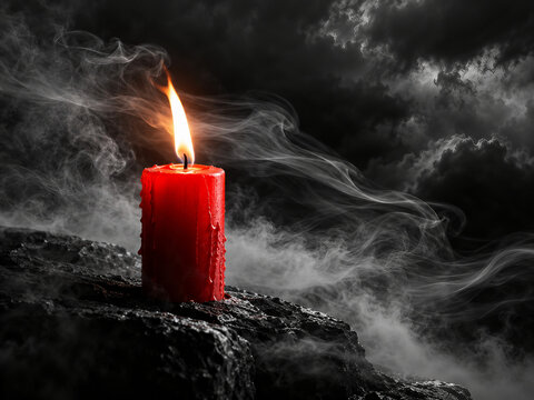 Single burning candle remaining lit in darkness and harsh weather, symbolizing courage, hope, inner strength and perseverance, with surrounding copy space.