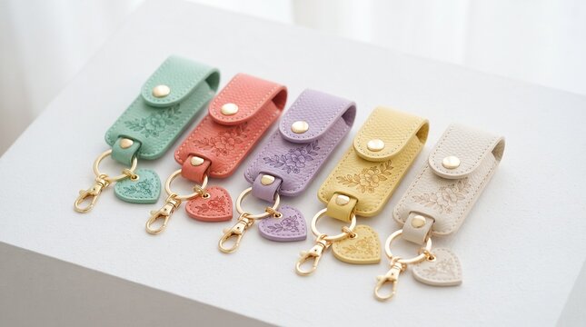 Pastel leather keychains set with floral debossing, colorful leather key holders with metal hardware, handmade accessory gift collection