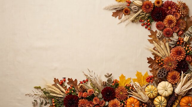 Autumn floral wreath with dried flowers and pampas grass against a neutral wall