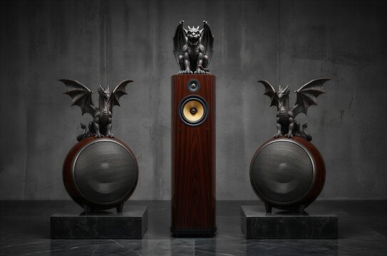 Symmetrical gothic home audio system with three dragon statues on wooden speakers and concrete background