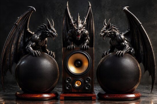 Gothic home audio system with three dark dragon statues on top of speakers and subwoofers