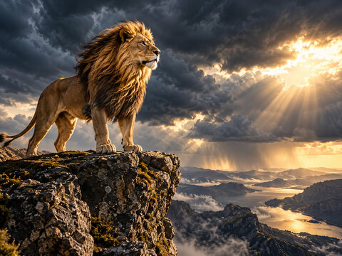 Sure-footed mountain animal standing confidently on a steep rocky cliff, symbolizing courage, balance, determination and overcoming fear.