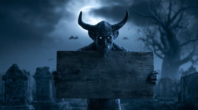Demon holding an empty wooden sign in a cemetery at night with the moon.