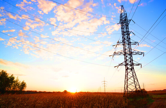 Silhouetted electricity pylon in golden field at sunset with blue sky and scattered clouds, power lines stretching across horizon