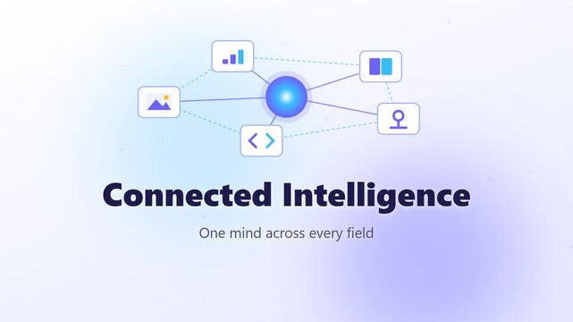 Animated glowing AI orb linking knowledge domains with orbiting icons, seamless loop