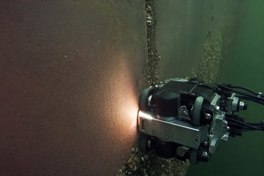 Ship hull biofouling inspection - a crawling camera moving across a barnacled weld