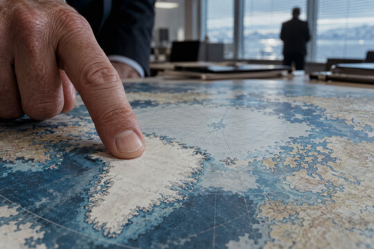Businessman pointing at Greenland on a map